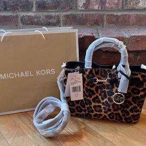 Michael Kors Carson Small Leopard Print Calf Hair Satchel Crossbody